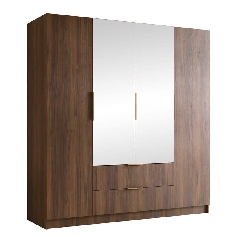 Herrljunga Garderob med Spegel 200x215 cm med lådor, Brun/Guld/Spegel