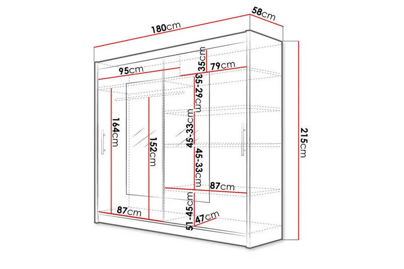 Prag Garderob med Skjutdörrar Smal fyrkantig spegel 180 cm - Vit - Products - Förvaring - Garderober & garderobssystem