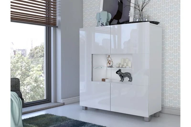 Frick Vitrinskåp Vit LED Belysning 35 cm djup 100 cm bred 107 cm hög Ljust Trä Glas - Vit Högglans/Vit Led-Belysning - Products - Förvaring - Skåp - Vitrinskåp