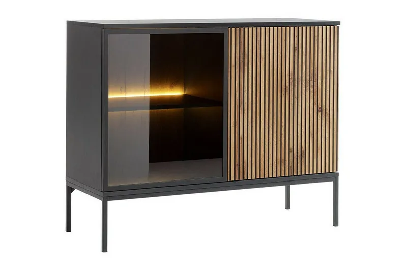 Klinkerville Lågt Vitrinskåp med belysning 39 cm djup 104 cm, Svart Trä / Glas / Ribbad