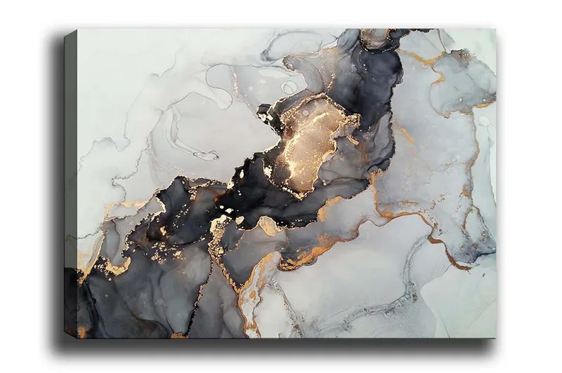 Canvastavla - Abstrakt komposition med svarta och gyllene inslag, Svart / Guld / Grå