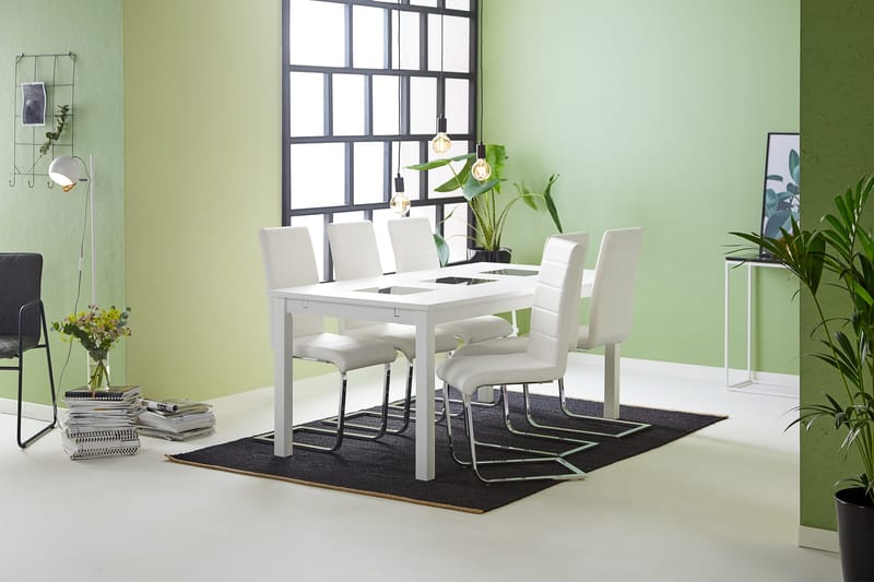 Jasmin Matgrupp med 6 st Cibus Stolar - Vit/PU/Krom - Products - Möbler - Bord & matgrupp - Matgrupp
