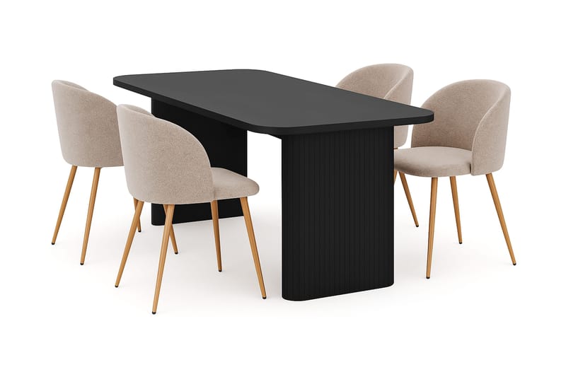 Kopparbo Matbord 180-240 cm Förlängningsbart med 4 Greya Matstolar med armstöd, Svart / Greige Bouclé / Metallben Ek