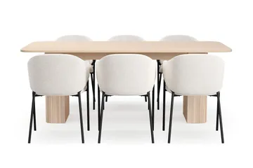 Kopparbo Matbord 200-260 cm Förlängningsbart med illäggsskiv med 6 Filip Matstolar - Vit / Vit Bouclé - Products - Möbler - Bord & matgrupp - Matgrupp