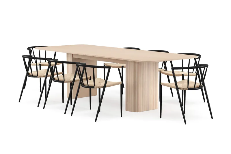 Kopparbo Matbord 200-260 cm Förlängningsbart med illäggsskiv med 8 Winston Matstolar, Vit / Beige / Metallben Svart