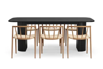 Kopparbo Matbord 200 cm med 6 Winston Matstolar - Svart / Beige / Metallben Ek - Products - Möbler - Bord & matgrupp - Matgrupp