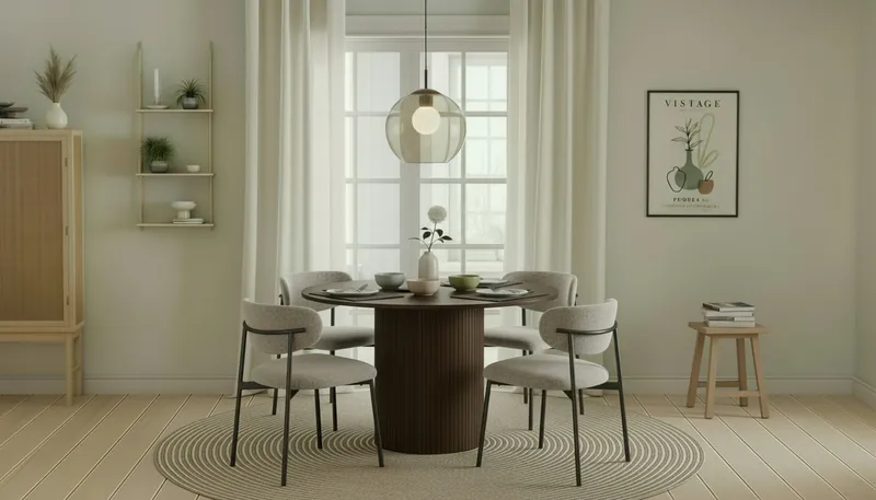 Kopparbo Runt Matbord 120 cm med 4 Lucy Matstolar - Mörkbrun / Greige Bouclé / Metallben Svart - Products - Möbler - Bord & matgrupp - Matgrupp