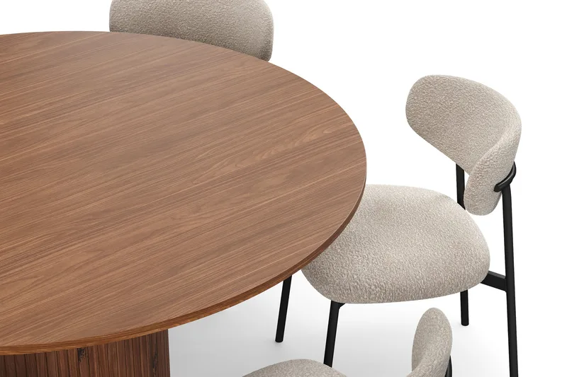 Kopparbo Runt Matbord 150 cm med 6 Lucy Matstolar - Valnöt / Greige Bouclé / Metallben Svart - Products - Möbler - Bord & matgrupp - Matgrupp