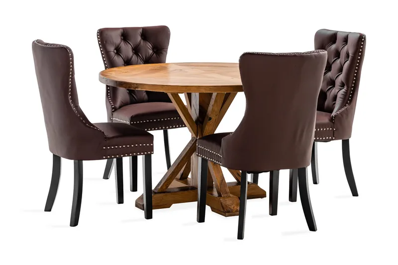 Lyon Matgrupp 120 cm Rund inkl 4 Bergviken Stolar Konstläder, Brun