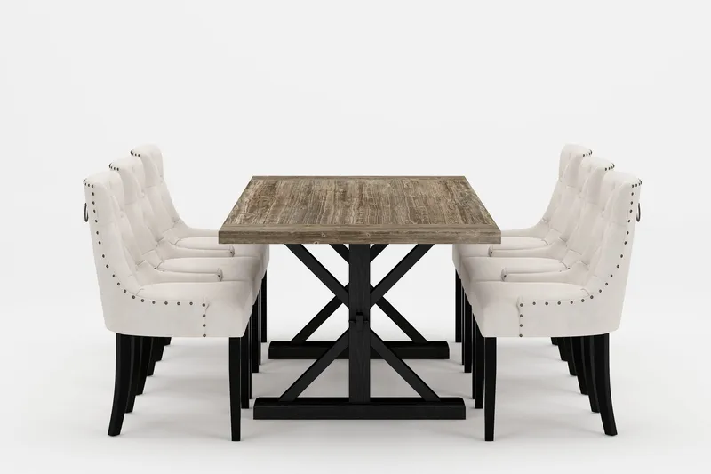 Lyon Premium Matgrupp 200-290 cm + 6 Viktoria Stolar, Vit/Brun