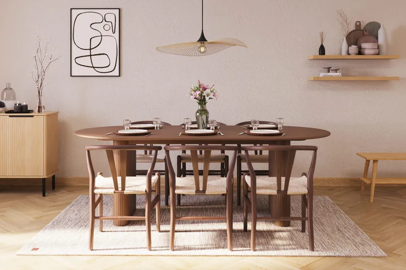 Noira Matgrupp 220 cm Massiv Valnöt med 6 Dastoori Matstol - 2220070-6,2098431-1 - Ribbad / Natur / Mörkbrun / Brunt Trä - Products - Möbler - Bord & matgrupp - Matgrupp