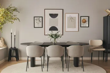 Noira Ovalt Matbord 220 cm med 6 Filip Matstolar - Svart / Taupe Bouclé - Products - Möbler - Bord & matgrupp - Matgrupp