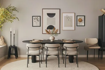 Noira Ovalt Matbord 220 cm med 6 Lucy Matstolar - Svart / Greige Bouclé / Metallben Svart - Products - Möbler - Bord & matgrupp - Matgrupp