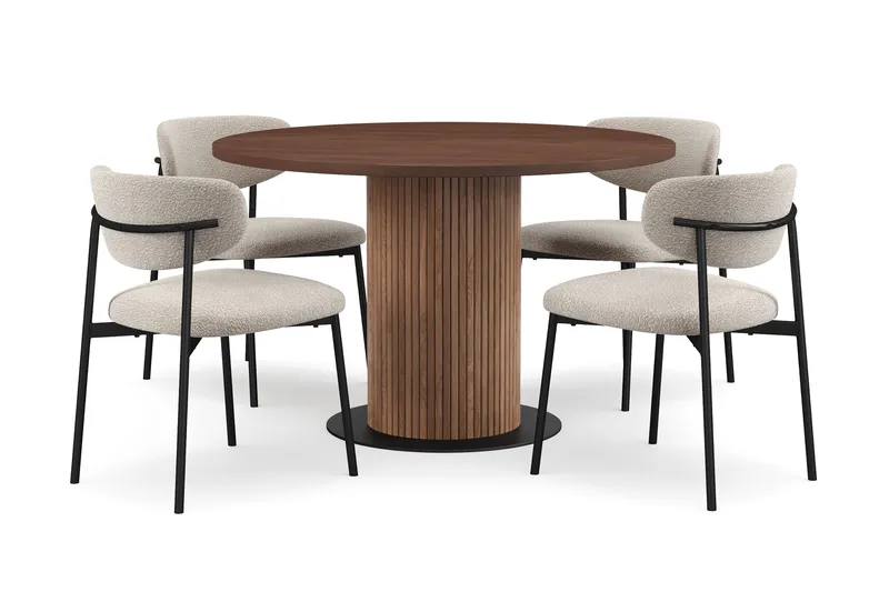 Noira Runt Litet Matbord Massiv Valnöt 120 cm med 4 Lucy Matstolar, Brun / Greige Bouclé / Metallben Svart