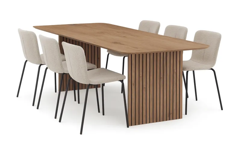 Richeto Matbord 180 cm med 6 Katy Matstolar, Naturlig finish / Greige Bouclé / Metallben Svart