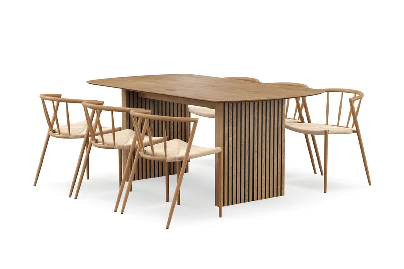 Richeto Matbord 180 cm med 6 Winston Matstolar, Naturlig finish / Beige / Metallben Ek