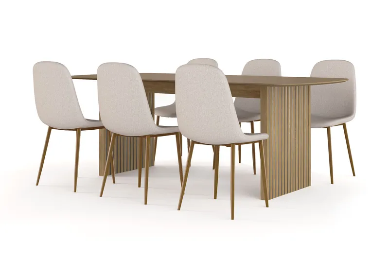 Richeto Matbord 210 cm ek +  6 st Nibe stol beige med ek ben, Natur/Beige