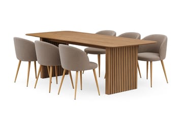 Richeto Matbord 240 cm med 6 Greya Matstolar med armstöd - Naturlig finish / Greige Bouclé / Metallben Ek - Products - Möbler - Bord & matgrupp - Matgrupp
