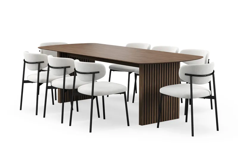 Richeto Matbord 240 cm med 8 Lucy Matstolar, Rökt ek / Vit Bouclé