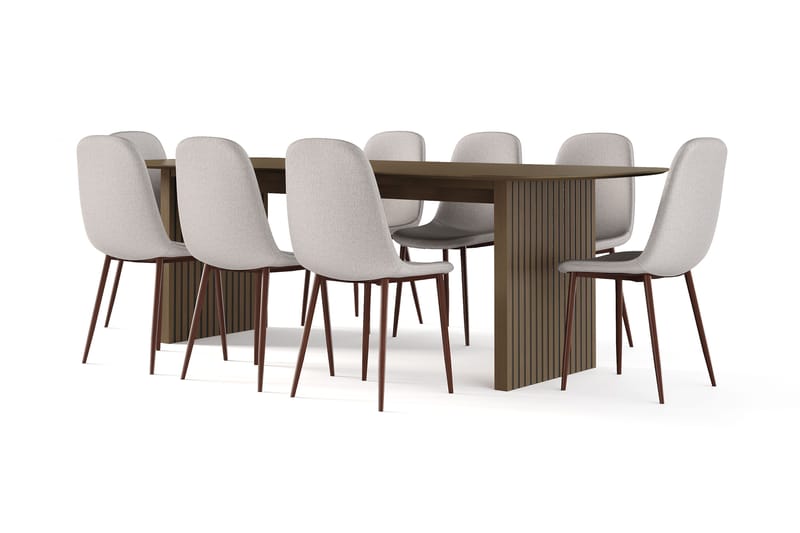 Richeto Matbord Rökt Ek 240 cm valnöt +  8 st Nibe stol beige med valnöt ben, Brun/Beige
