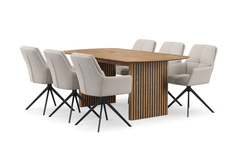 Richeto Matgrupp 180 cm med 6 Torsby Snurrstolar, Naturlig finish/Mörkbeige