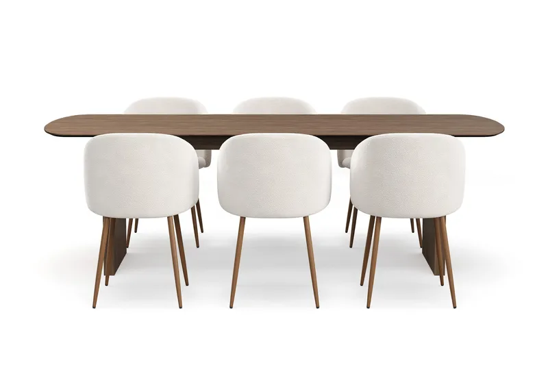 Richeto Matgrupp med 6 Greya Matstolar med Armstöd, Rökt Ek/Vit Bouclé