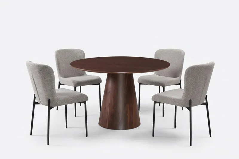 Siena Matgrupp runt 110 cm Valnöt med 4 Elsie Matstolar, Valnöt/Ljusgrå