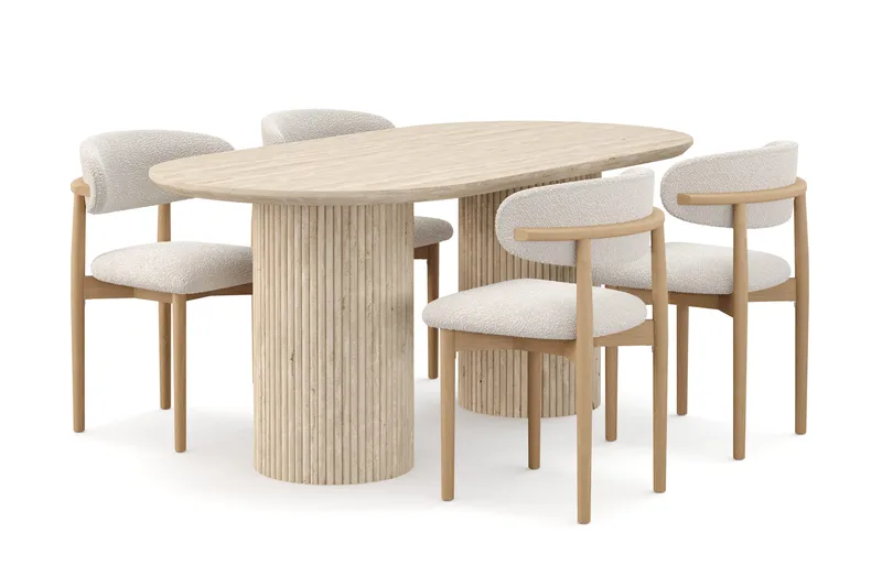 Uppveda Matbord Travetin utseende med 4 st Jaiveer Matstolar, Beige