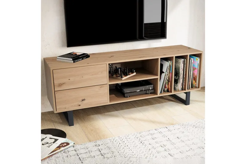 Lowboard Wohnling modernt spånskiva, 2 lådor, förvaringsbrickor, metallben, modern stil Ek - Ek - Products - Möbler - TV- & Mediamöbler - TV bänk & mediabänk