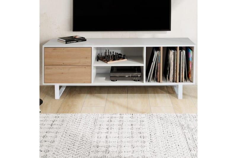 Lowboard Wohnling modernt spånskiva, 2 lådor, förvaringsbrickor, metallben, modern stil Vit, ek - Vit, ek - Products - Möbler - TV- & Mediamöbler - TV bänk & mediabänk