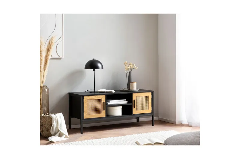 Lowboard Wohnling spånskiva folierad med 2 skjutdörrar, wienflät, modern stil Svart, Ek - Svart, Ek - Products - Möbler - TV- & Mediamöbler - TV bänk & mediabänk