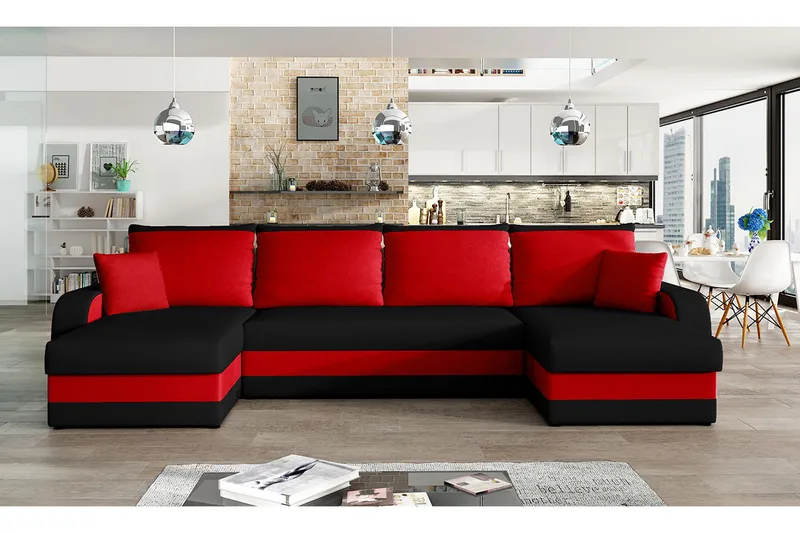 Alvared 4-sits Bäddsoffa med Dubbeldivan med Förvaring - Svart/Röd - Products - Möbler - Soffa - Bäddsoffa - U bäddsoffa