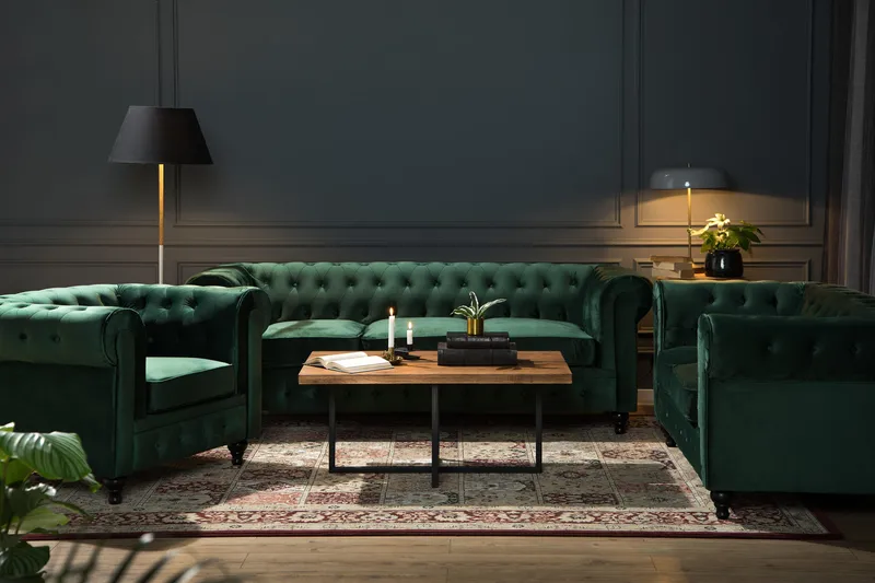 Chesterfield Lyx Soffgrupp 3+2 i Sammet - Mörkgrön / Grön - Products - Möbler - Soffa - Soffgrupp - Chesterfield soffgrupp