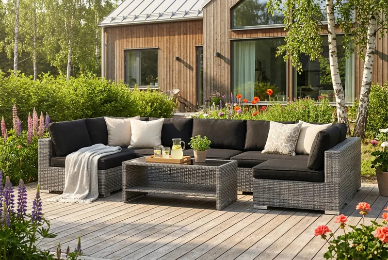 Bahamas U-formad utomhus loungegrupp med öppet avslut, 7-sits med bord och hylla - Grå - Products - Utemöbler & utemiljö - Loungemöbler - Loungeset & loungegrupp