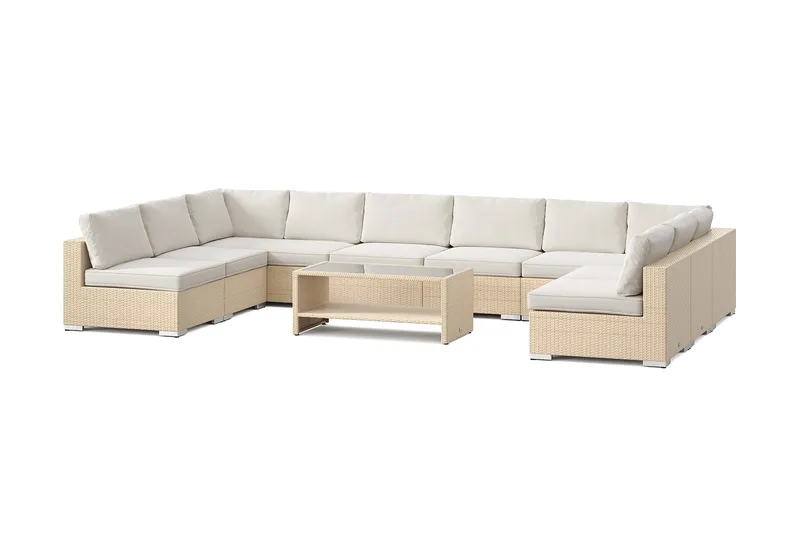 Bahamas U-formad utomhus loungegrupp med öppet avslut, 9-sits med bord och hylla, Beige