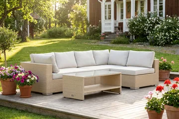 Bahamas utomhus loungegrupp 5-sits med vändbar schäslong och bord med hylla - Beige - Products - Utemöbler & utemiljö - Loungemöbler - Loungeset & loungegrupp