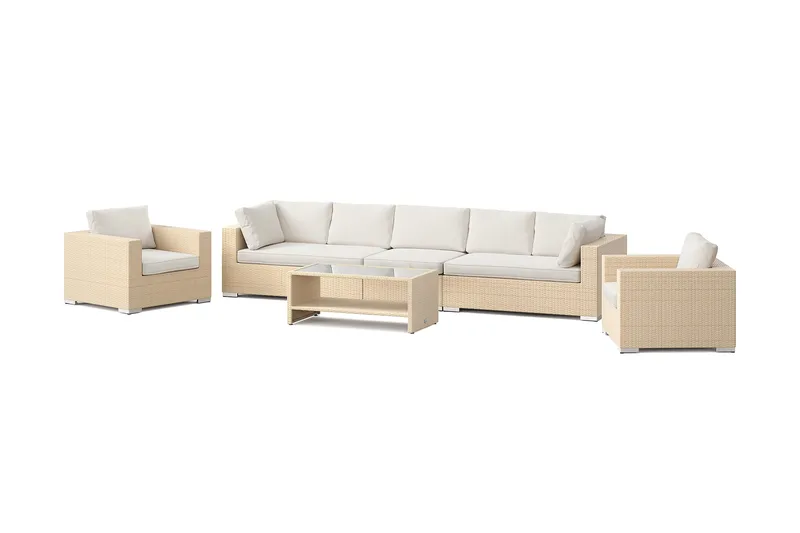 Bahamas utomhus soffgrupp 7-sits med två fåtöljer och bord med hylla, Beige