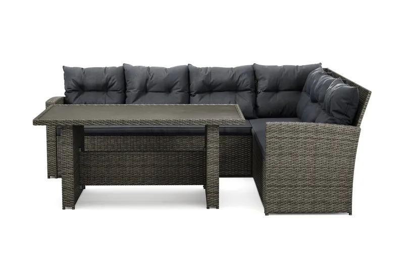 James 5-sits Högervänd Loungegrupp Utomhus – Soffgrupp med grå dynor och bord i konstrotting, Mörkgrå/Svart/Brun