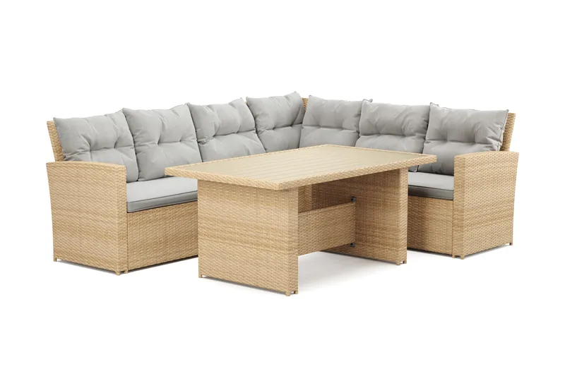 James 5-sits Högervänd Loungegrupp Utomhus – Soffgrupp med ljusgrå dynor och bord i konstrotting - Ljusgrå / Beige - Products - Utemöbler & utemiljö - Loungemöbler - Loungeset & loungegrupp