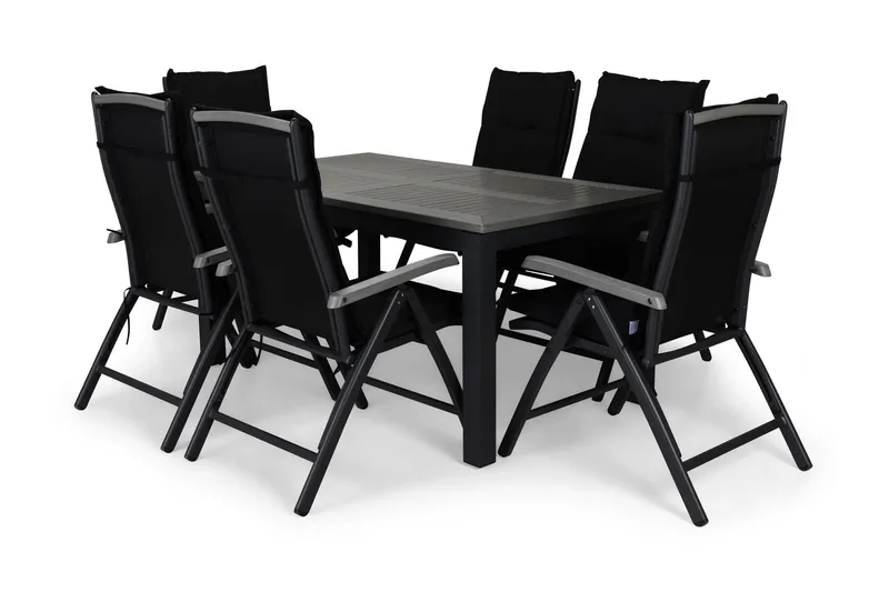 Monaco Matgrupp Utomhus 152-210x90 + 6 Monaco Positionsstol m Dyna, Svart/Grå