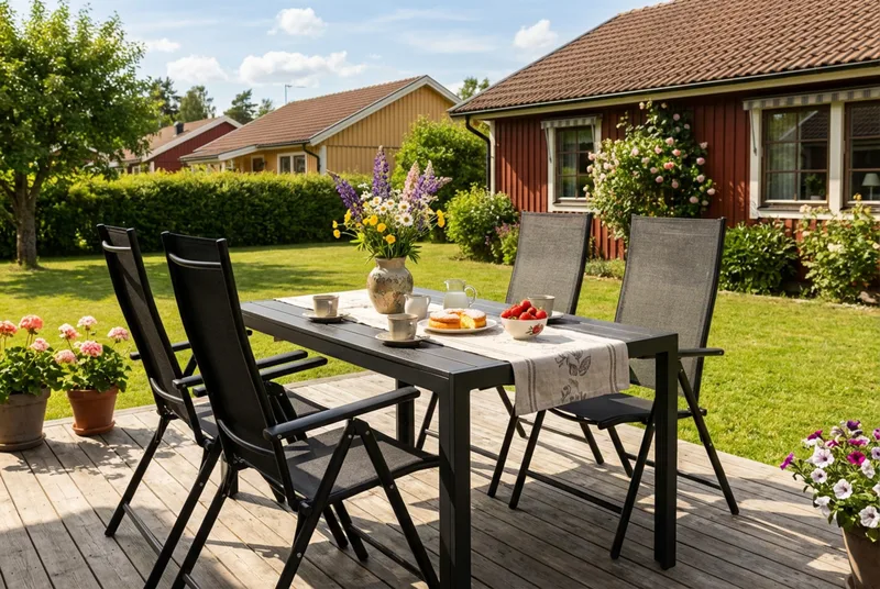 Siri Rektangulärt utebord 150 cm med 4 Sanna utestolar - Svart - Products - Utemöbler & utemiljö - Utegrupp - Matgrupp utomhus