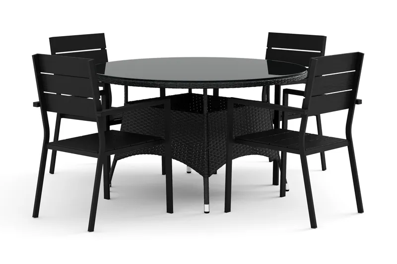 Thor utomhus rund matgrupp 140 cm med 4 Tunis stapelstolar, Svart