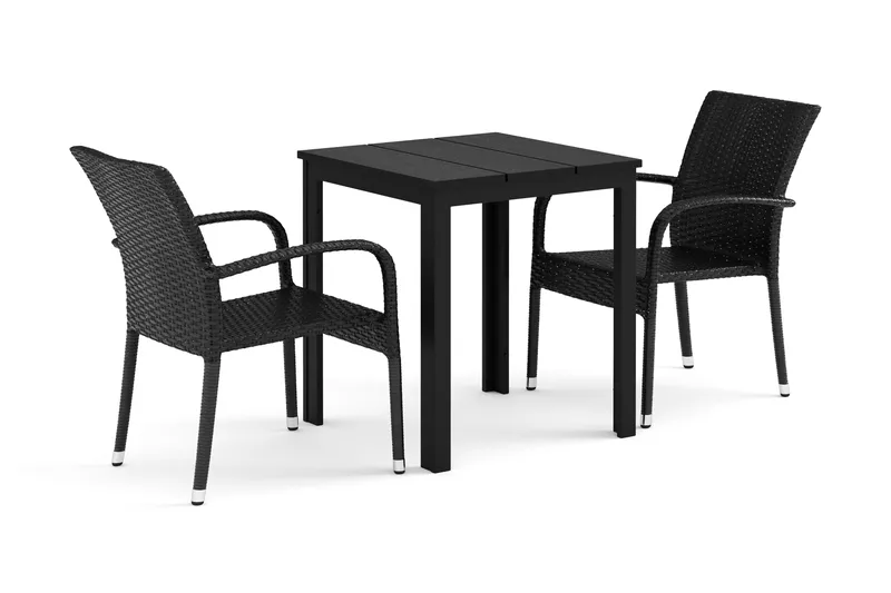 Tunis utomhus caféset 70x70 cm med 2 Thor Light utefåtöljer, Svart/Svart