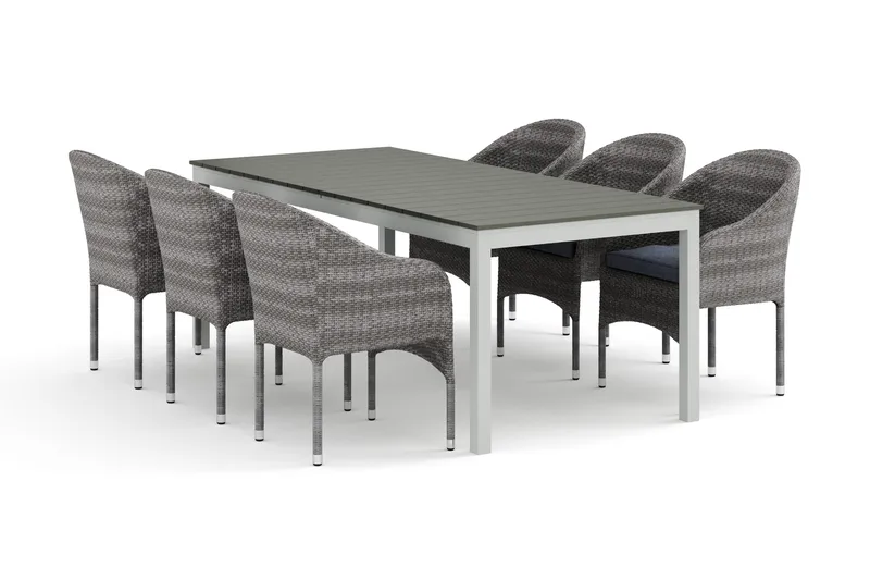 Tunis utomhus matgrupp förlängningsbart 205/305x90 cm med 6 Thor fåtöljer, Vit/Grå