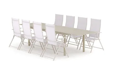 Tunis utomhus matgrupp förlängningsbart 205/305x90 cm med 8 Sanna positionsstolar, Beige/Beige