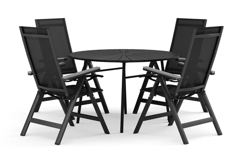 Tunis utomhus rund matgrupp 120 cm med 4 Monaco Light positionsstolar, Svart/Svart