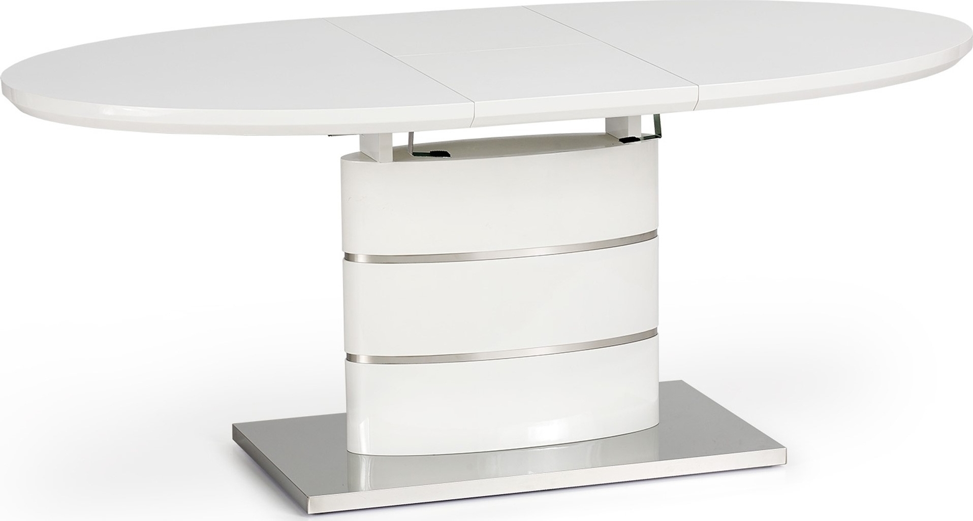 Evangeline ovalt f�rl�ngningsbart matbord i vit h�gglans / Krom