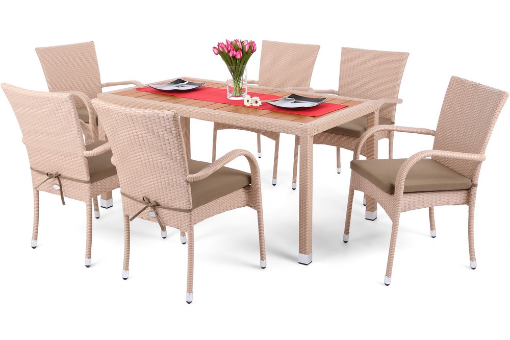 Matgrupp Mori 150 cm - beige, inkl. 6 stolar Matgrupp Mori 150 cm - beige, inkl. 6 stolar