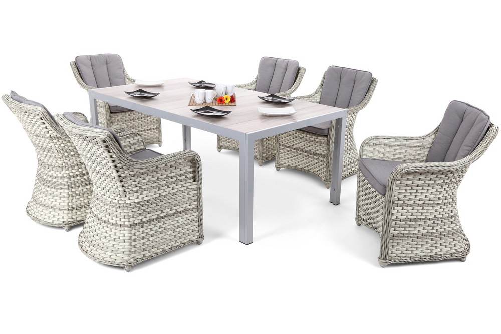 Matgrupp Capri 185 cm - silver/ljusgrå, inkl. 6 fåtöljer Dallas Matgrupp Capri 185 cm - silver/ljusgrå, inkl. 6 fåtöljer Dallas