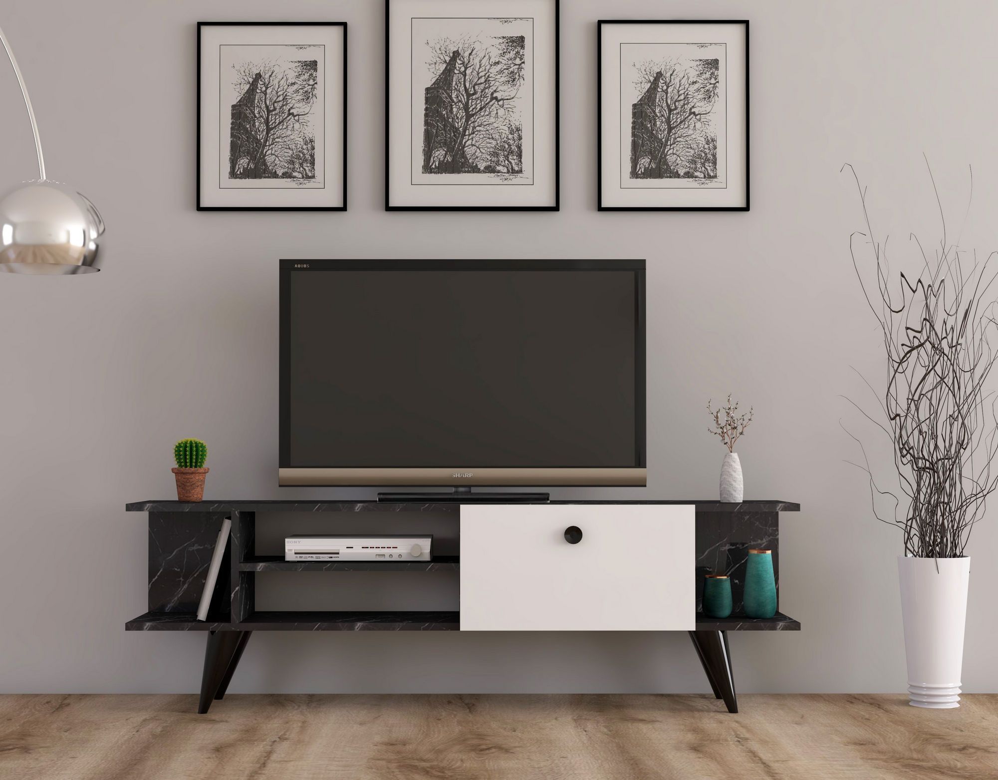 Idil mediabank - Zwart marmer/wit